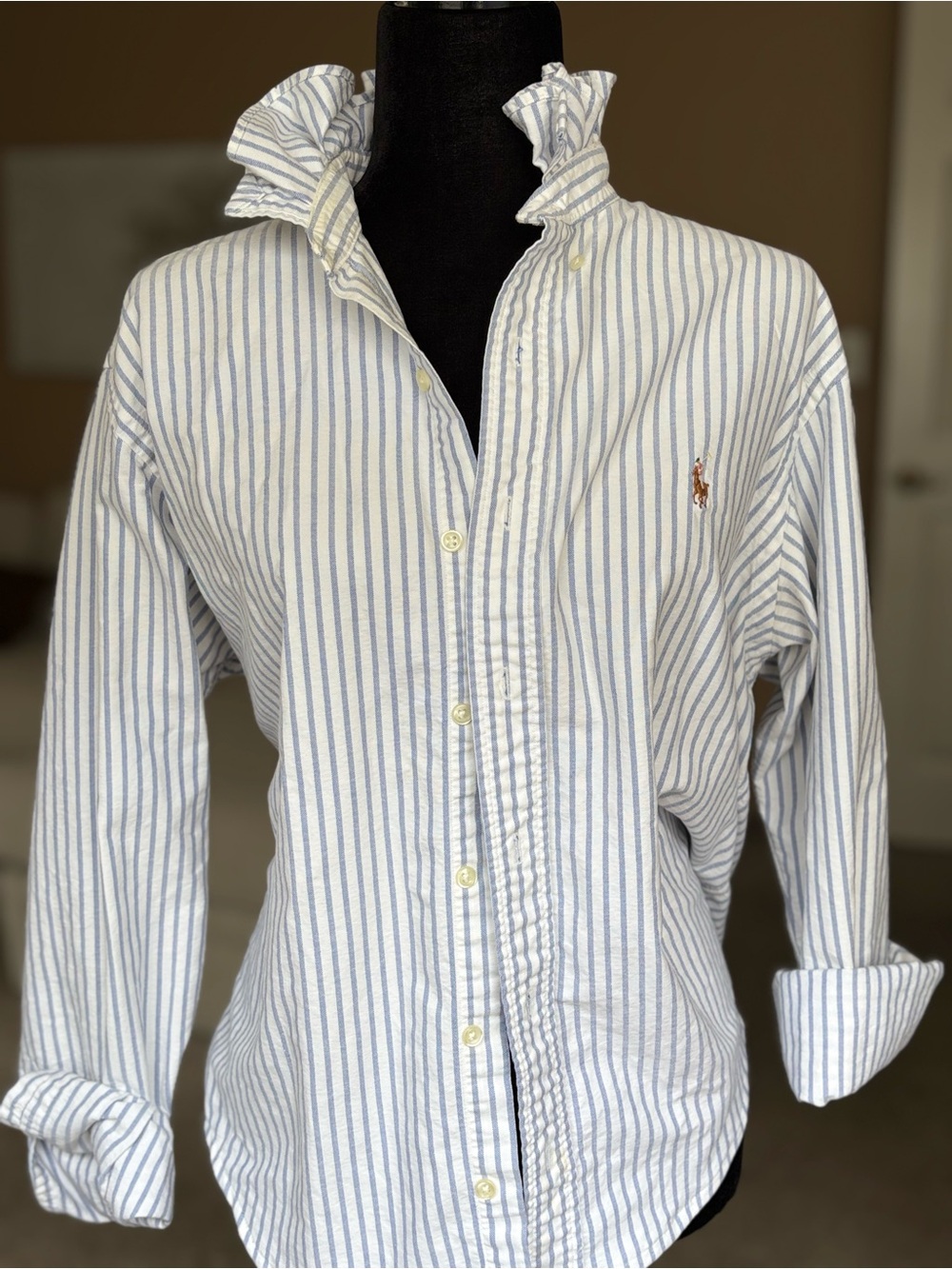 Reworked Ralph Lauren Blue Stripe Ruffle Collar Button-Up Top - Picture 10 of 15